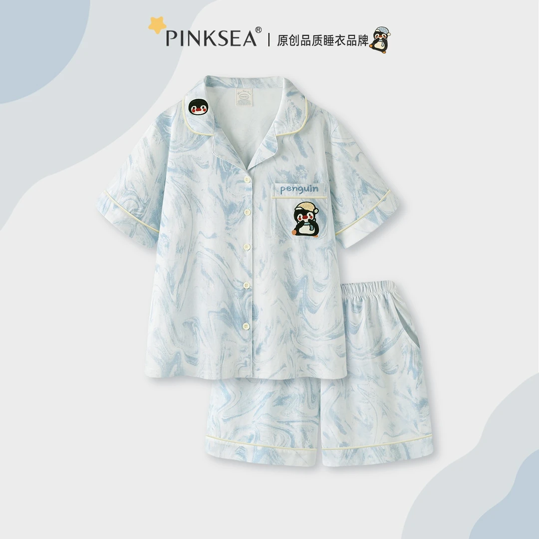 Pinksea纯棉睡衣女款夏季短袖短裤翻领家居服套装2025新款薄款