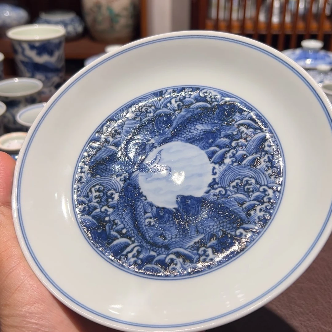 精品青花海水鱼壶承赏盘直径约16.8厘米