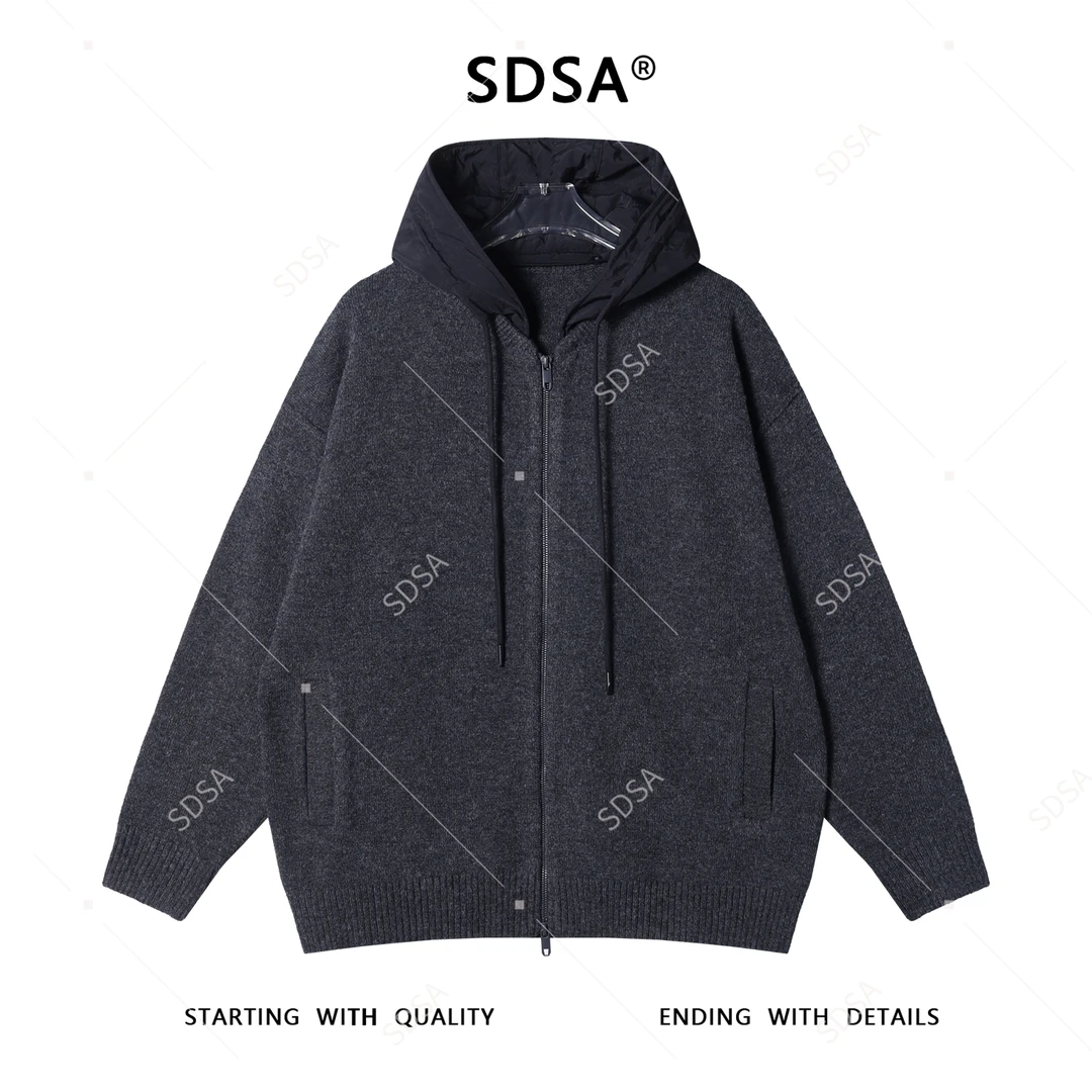 SDSA男士秋冬新款痞帅男装潮牌拼接抽绳连帽毛衣慵懒风百搭针织衫