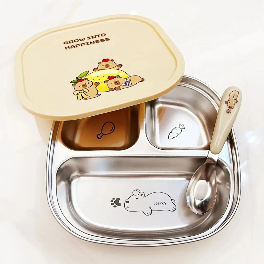 【卡皮巴拉联名】三格不锈钢分餐盘带勺不锈钢分格餐盘饭盘带饭餐盘