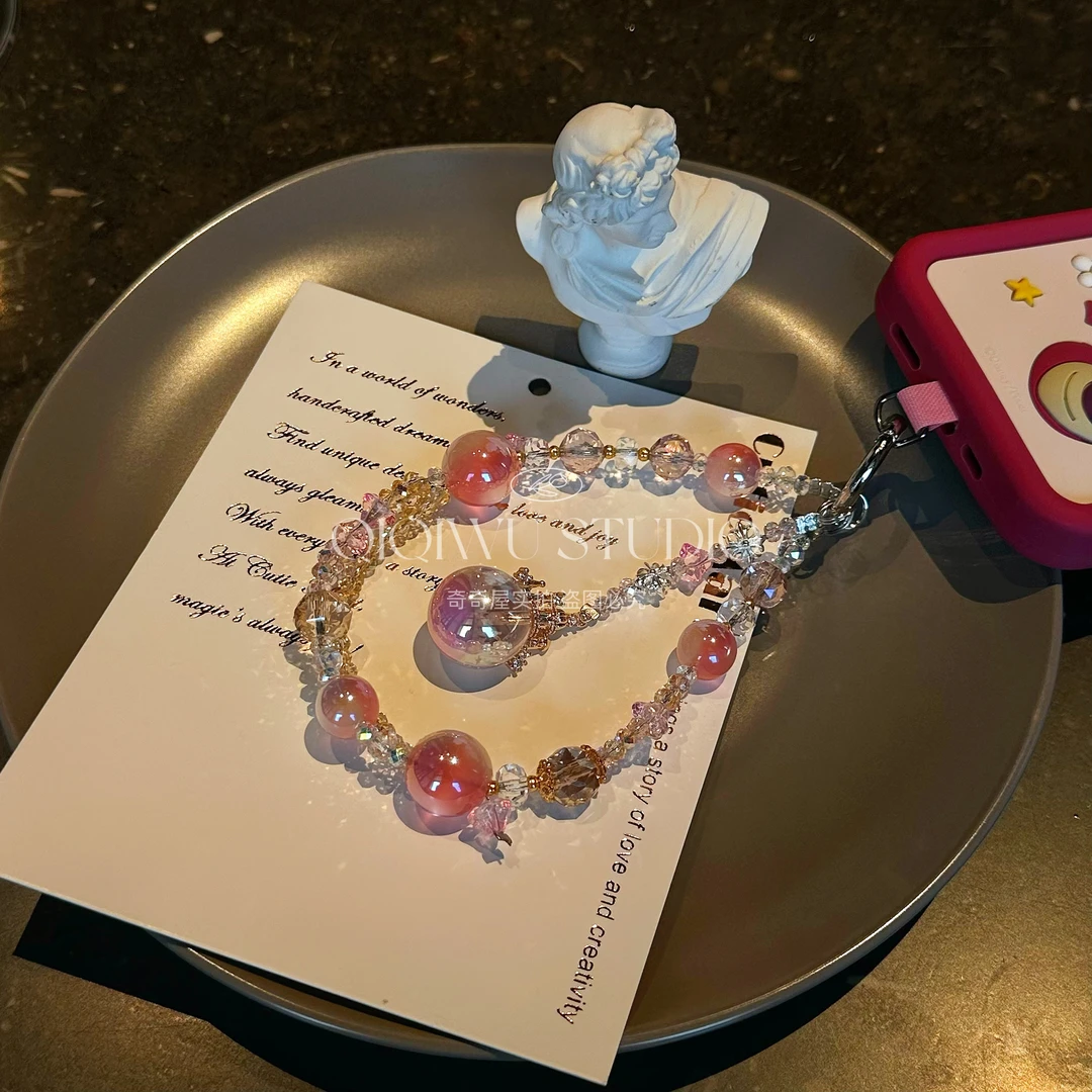 新款绝美超重工手机链高级感轻奢精致粉珠挂绳吊坠金粉水晶挂链