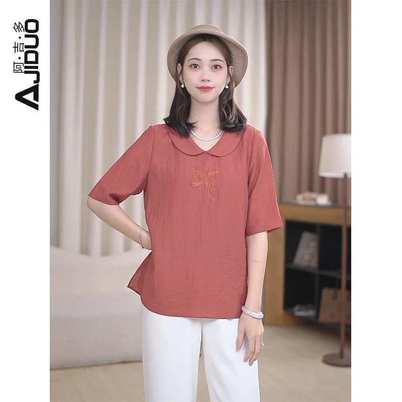 A50128阿吉多复古文艺刺绣短袖T恤女2025新款夏漂亮小衫大码上衣