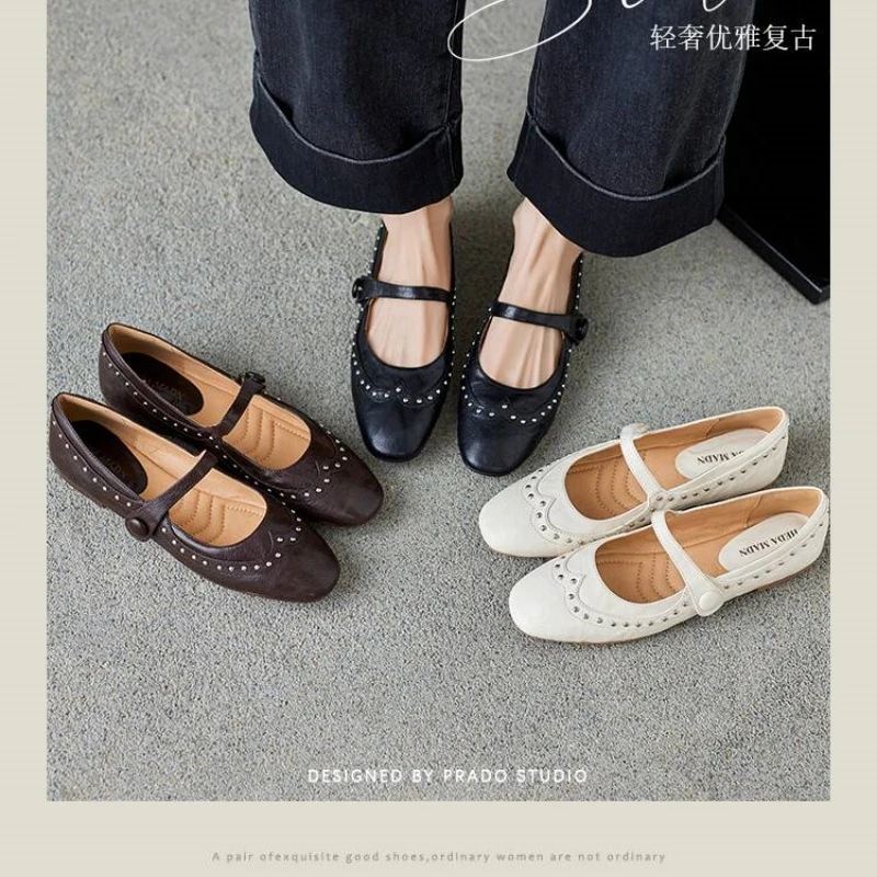 2025新款欧洲站 巨软 铆钉玛丽珍单鞋头层羊皮奶奶鞋X8515