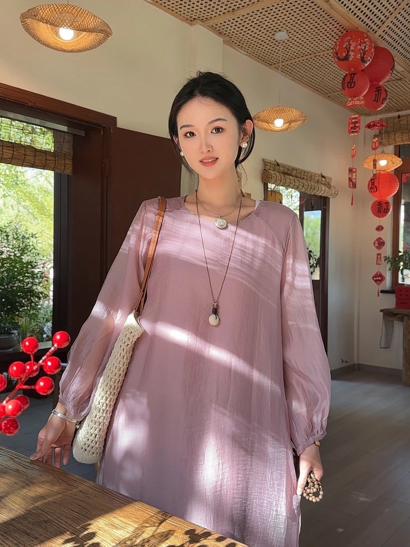 沅曼【轻柔连衣裙】圆领女装宽松腰中长款禅意连衣裙茶服秋季中国风