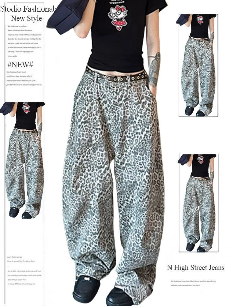 美式街头设计感豹纹弯刀牛仔裤女夏季2025新款辣妹高街宽松阔腿裤