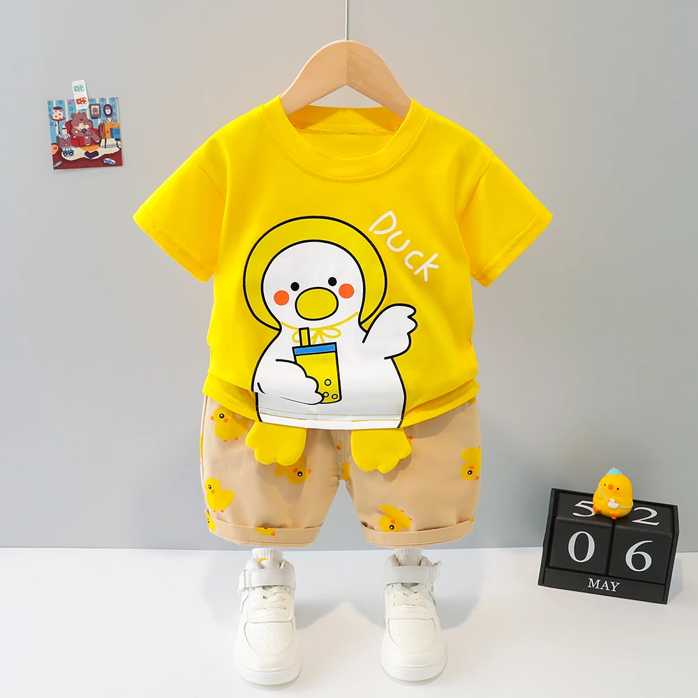 新款男童夏装1岁半婴儿短袖鸭子套装6-8-9个月宝宝卡通纯棉2衣服3