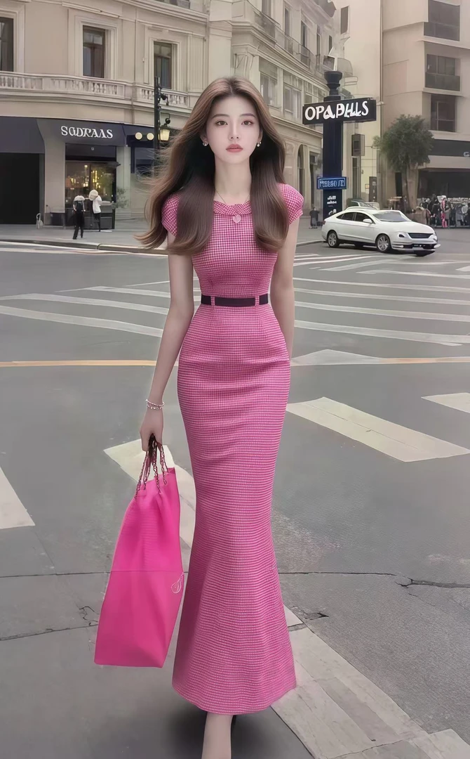 2025夏季新款粉色格子圆领收腰短袖包臀连衣裙女时尚气质显瘦长裙