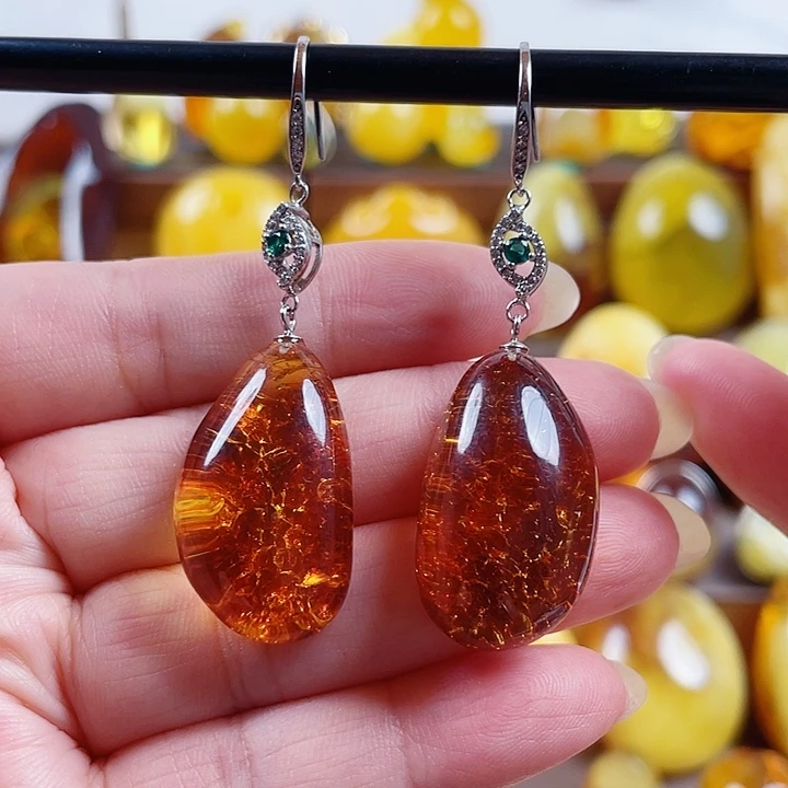 琥珀银S925镶嵌裸石耳环