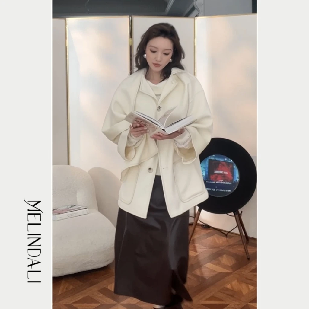 Melinda Li 【极地雪夜】美丽诺澳毛斗篷双面呢大衣手工包边毛呢
