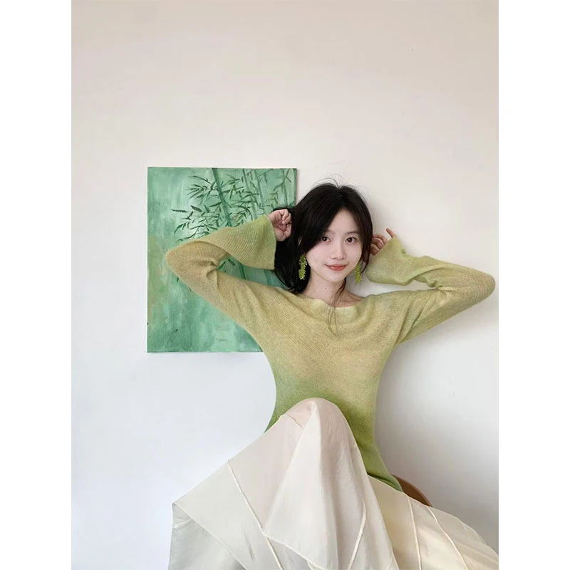 轻熟风减龄气质小众渐变色斜摆长袖上衣高腰百搭小众休闲半身裙