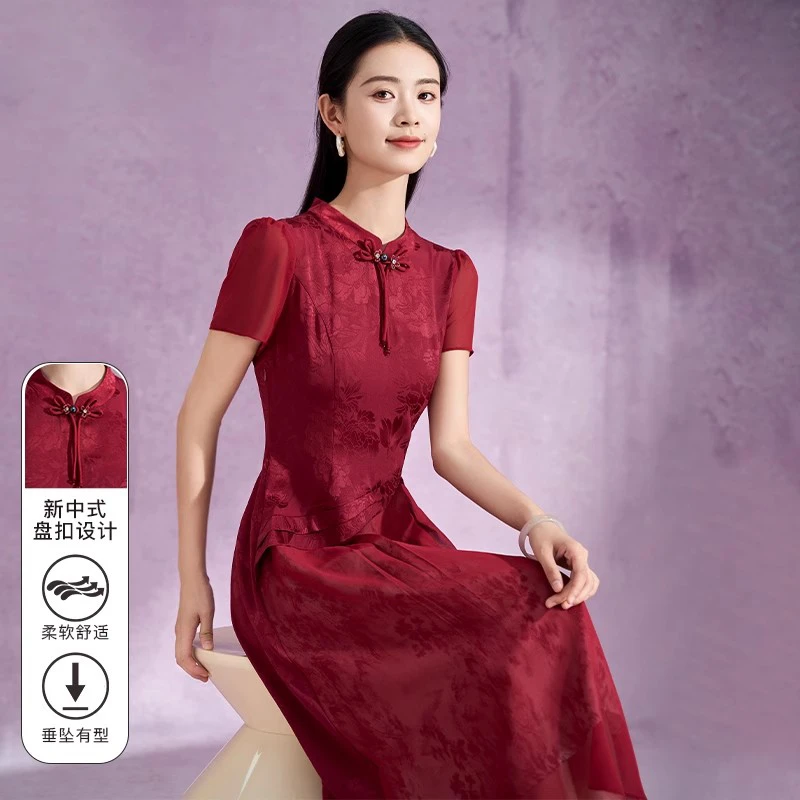 喜婆婆婚宴装改良旗袍连衣裙2025新款女夏季红色妈妈高贵洋气礼服