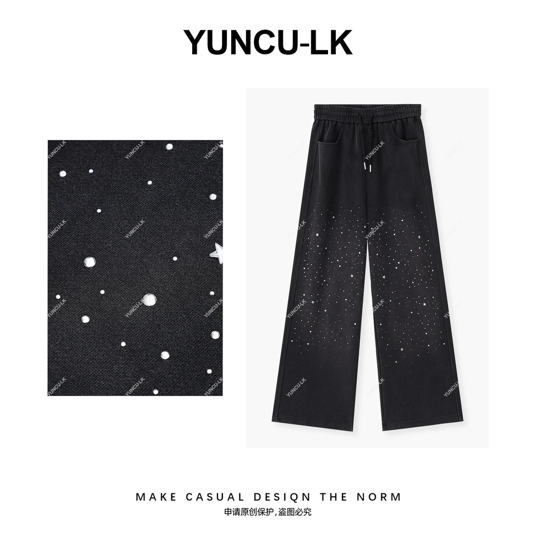 清允初渐变色重工烫钻松紧腰直筒裤女YCXB-8162