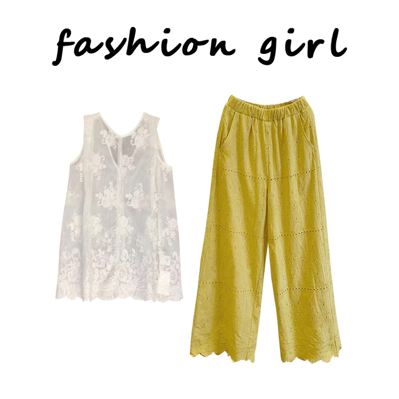 慵懒独特漂亮套装法式蕾丝背心上衣阔腿裤上衣套装度假穿搭两件套