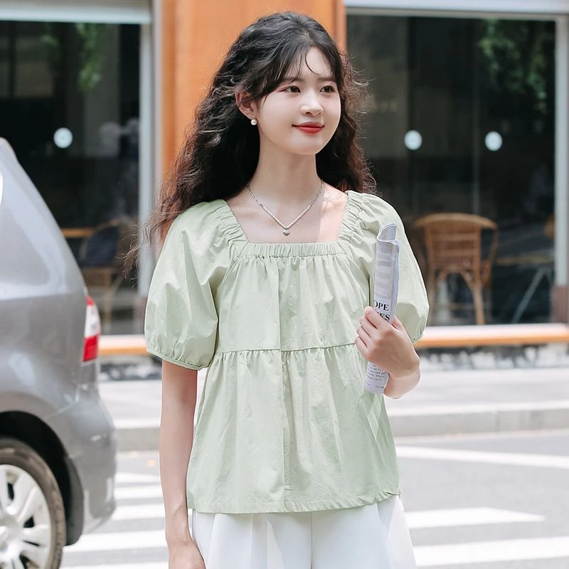 小个子方领泡泡袖上衣女2024夏新款法式甜美设计感小众衬衫12449