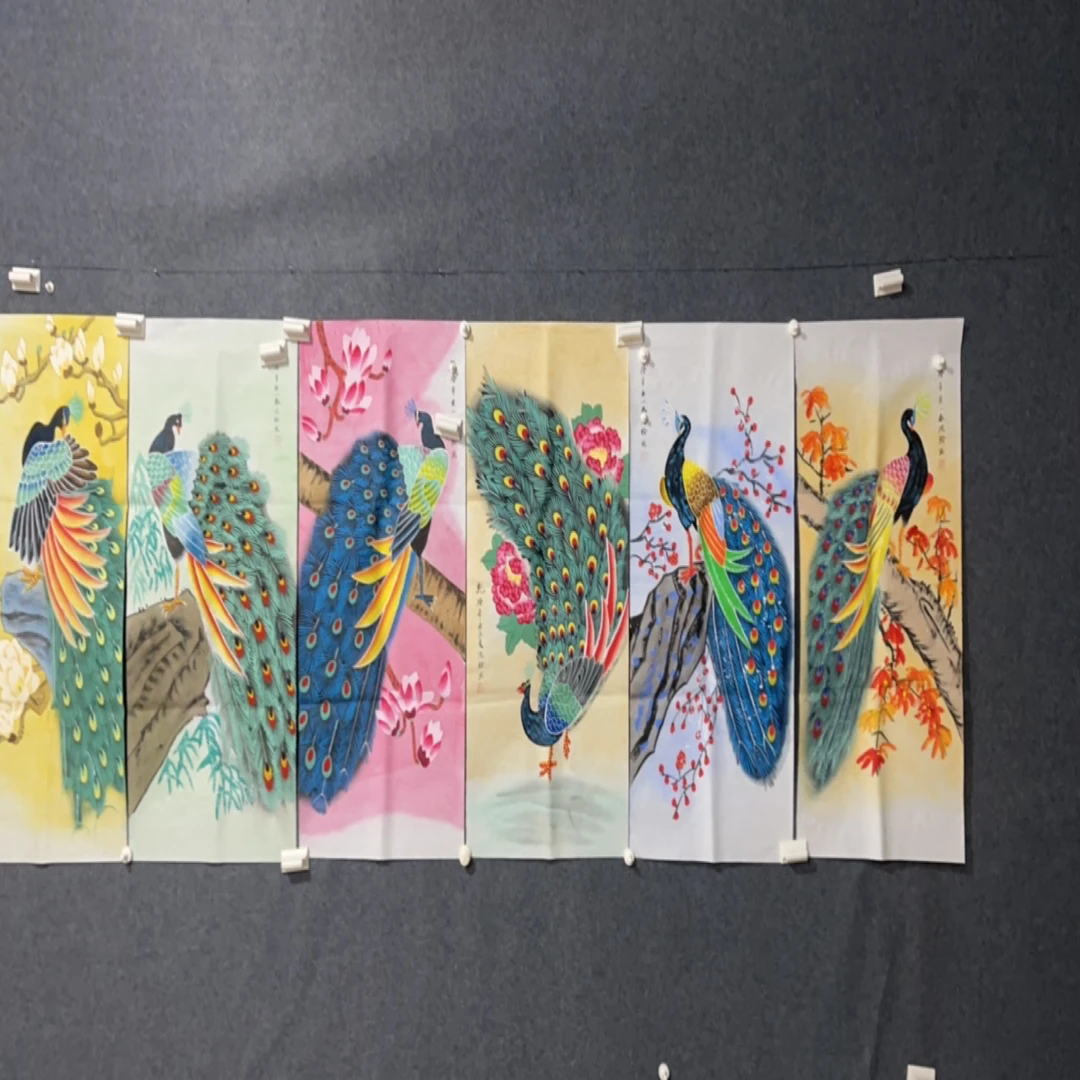 玖玖画院。 条屏孔雀