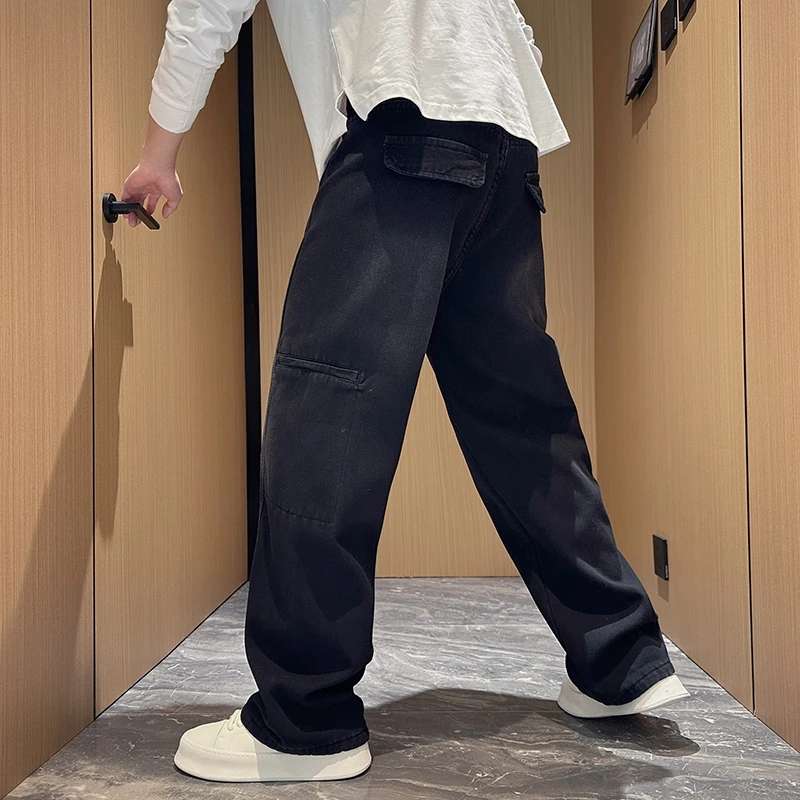 美式高街弯刀牛仔裤男士春秋款潮牌直筒宽松休闲裤男装黑色长裤子