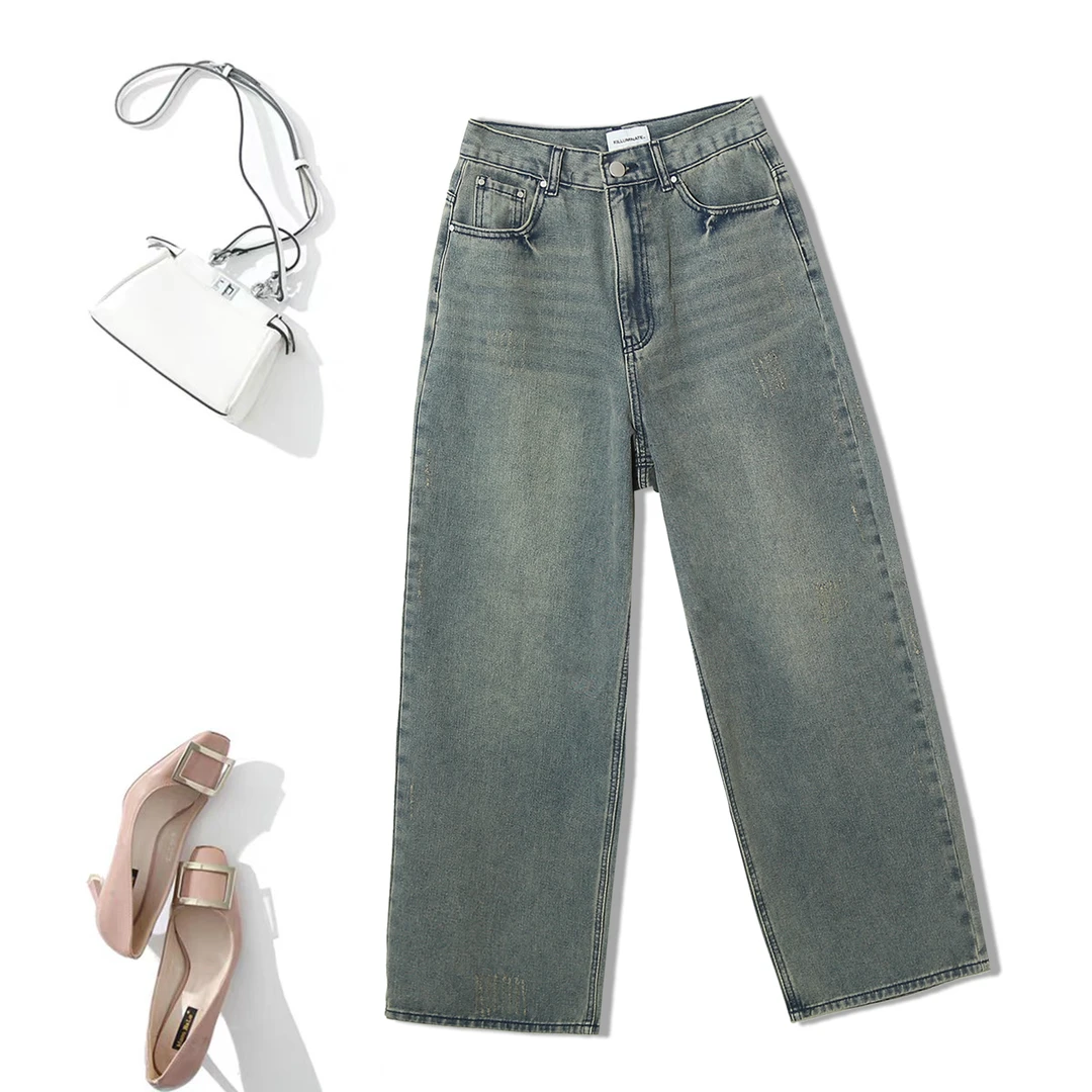 时尚复古做旧水洗休闲牛仔裤宽松老爹裤显瘦女春秋百搭潮裤1F540