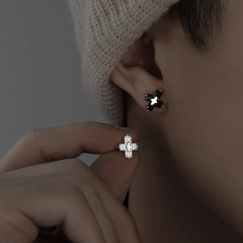 铜合金锆石耳饰 男潮锆石耳钉北极星ins潮小众简约十字架个性痞帅