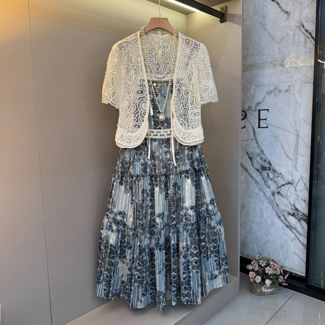 2025夏新款波西米亚风贝壳钉珠印花吊带裙+蕾丝外披大码套装7229