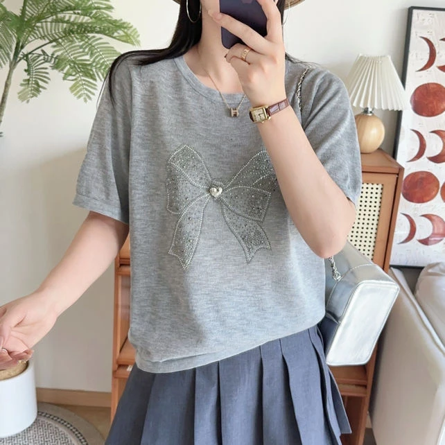 【蝴蝶结镶钻】圆领蝴蝶结纯色短袖女薄针织T恤宽松百搭上衣夏新款