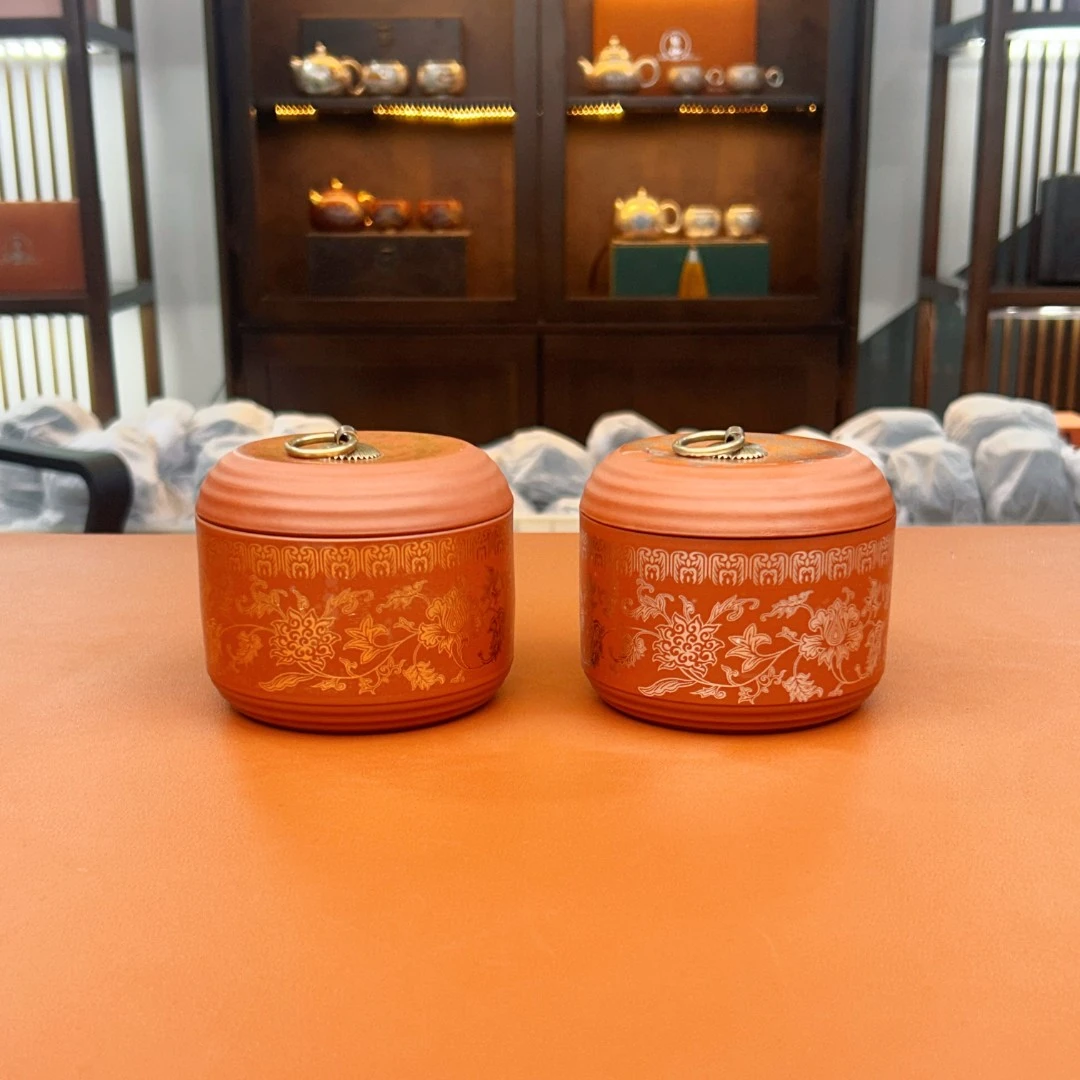 ZH2333-缠枝莲茶叶罐银色+缠枝莲紫砂茶叶罐金色