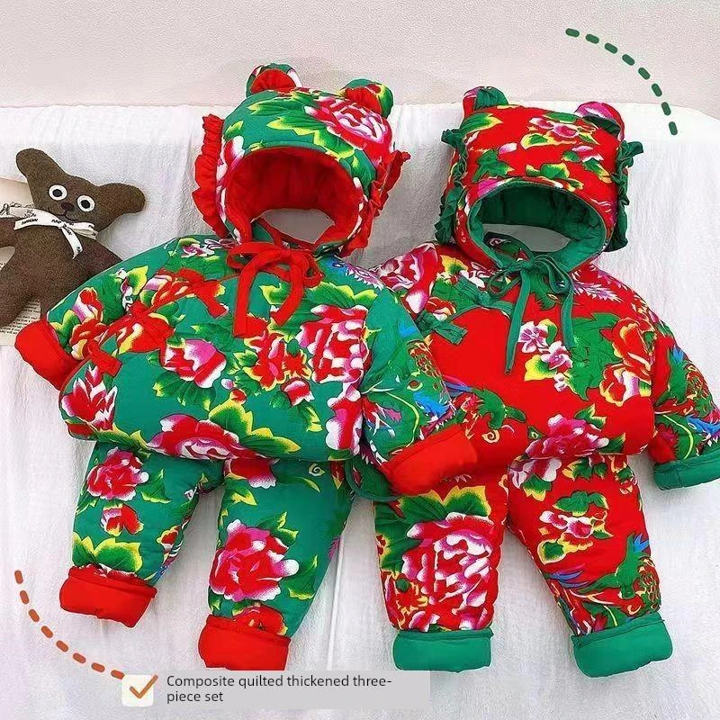 FAV MARTHA女童棉衣儿童东北大花宝宝婴儿冬装套装男童过年唐装加