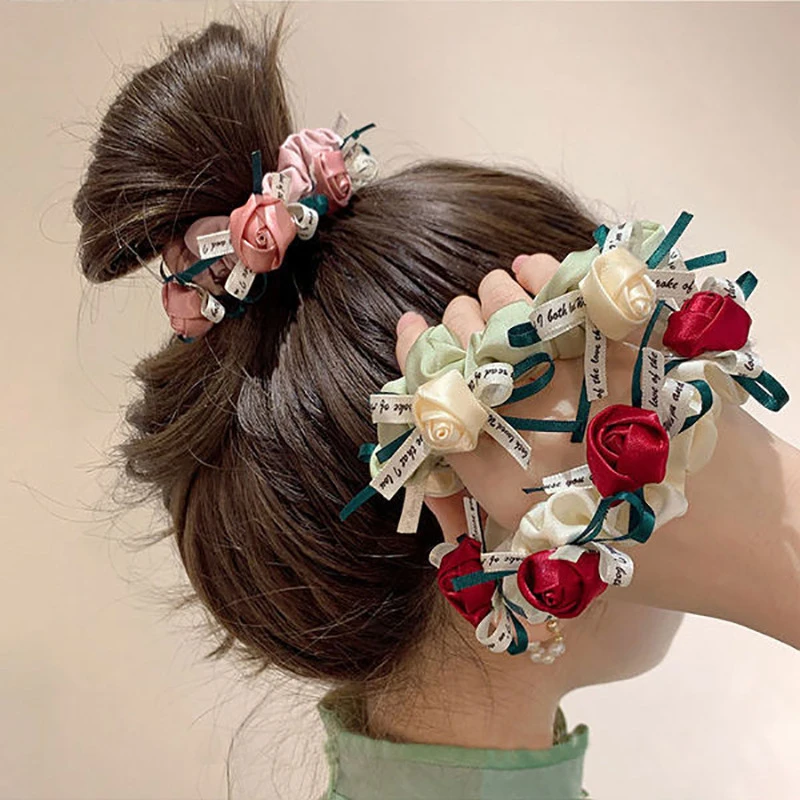 甜美手工布艺玫瑰花发圈头绳皮筋马尾发绳蝴蝶结头饰女式头绳g