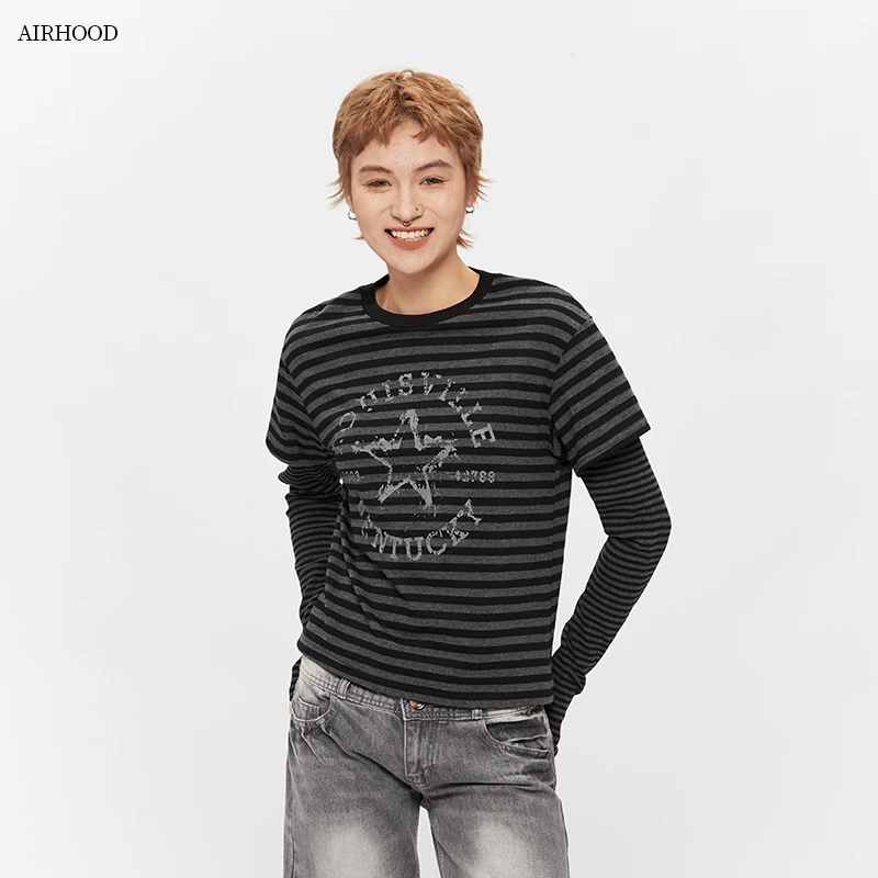 AIRHOOD 复古条纹长袖T恤女2025秋季新款修身显瘦辣妹上衣N5340