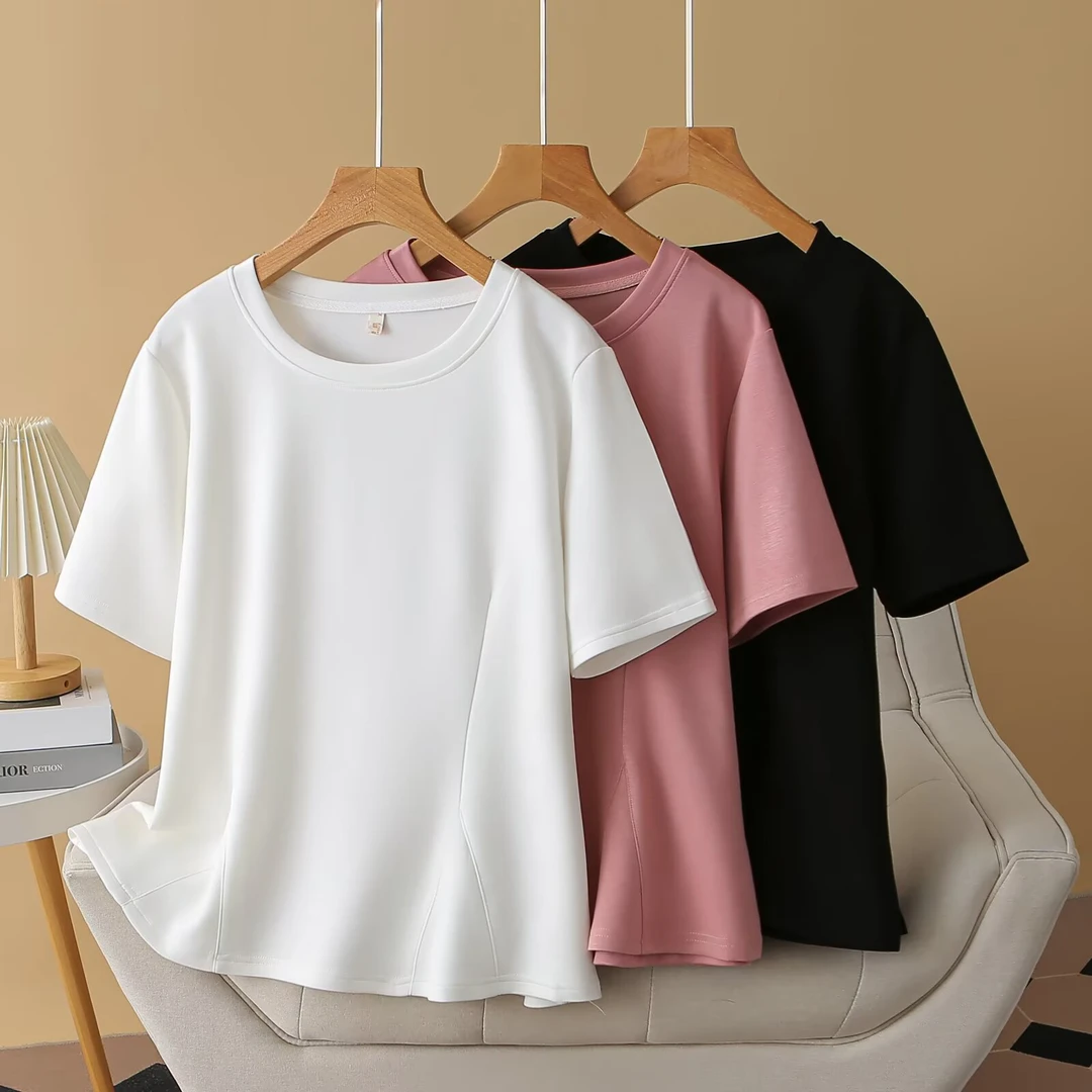 遇见大码110-200斤大码夏新款洋气显瘦设计感鱼尾下摆圆领短袖t恤