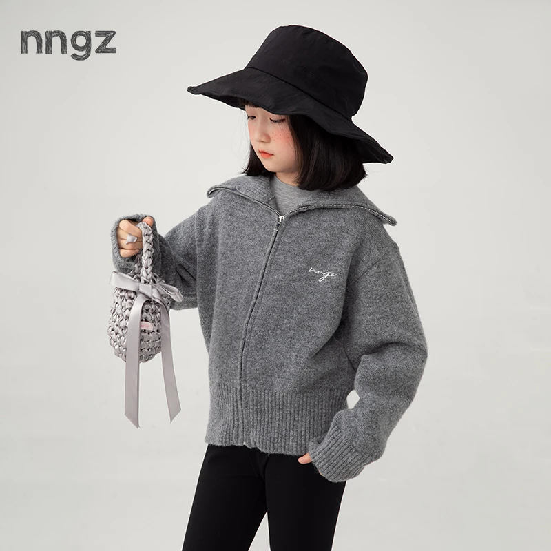 NNGZmiu系女童毛衣儿童开衫亲肤保暖翻领针织衫