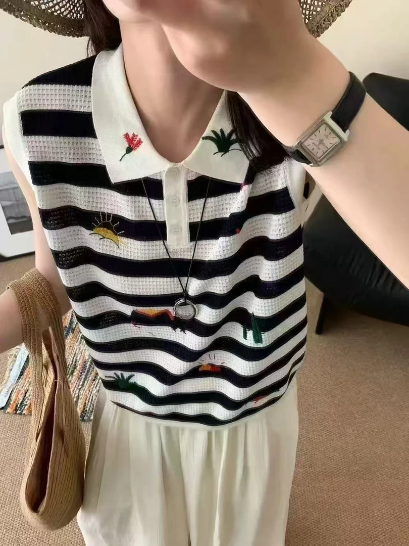 欧货重工刺绣POLO领针织女夏季韩系小众减龄无袖上衣2395