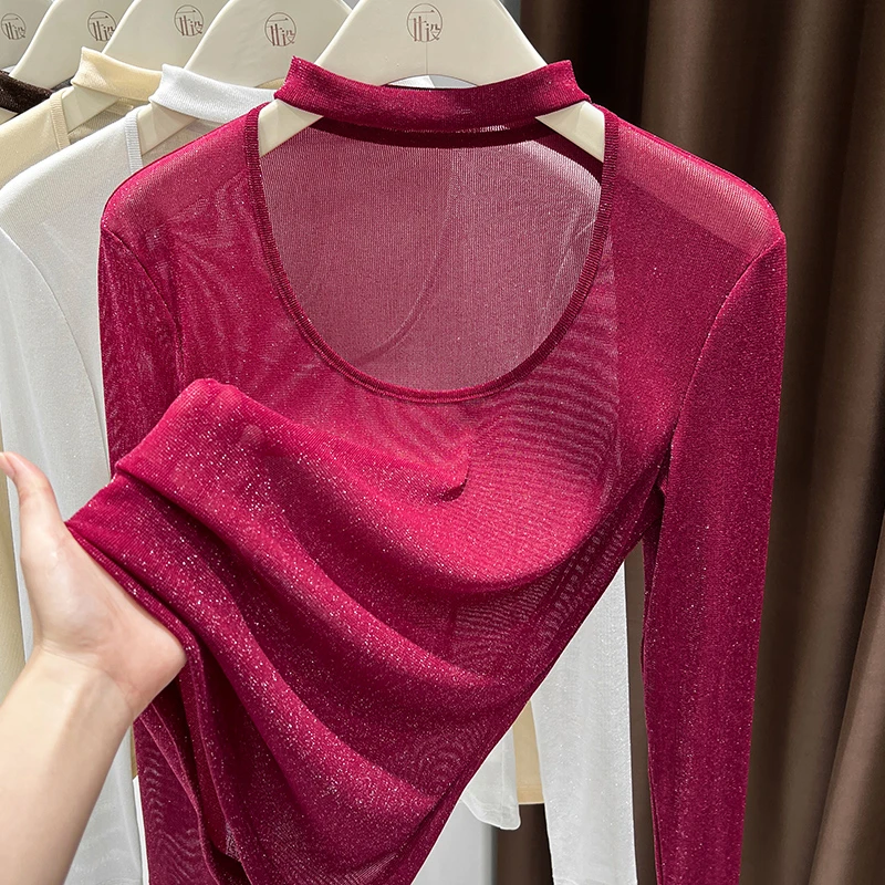 高级感红色优雅长袖打底衫女春秋款气质百搭微透u领亮丝网纱上衣