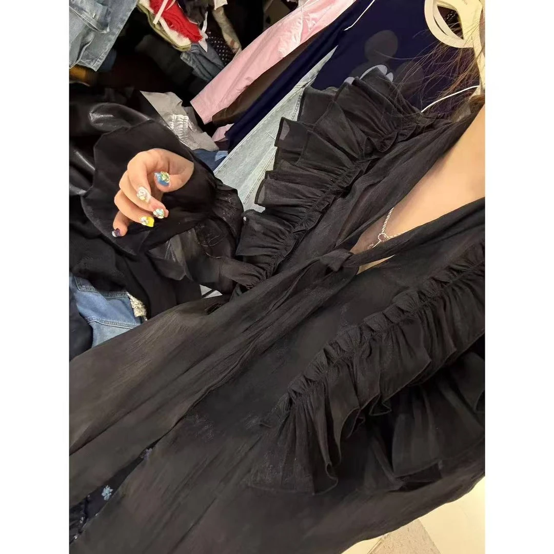 四季款气质木耳边薄料微透绑带上衣#8220