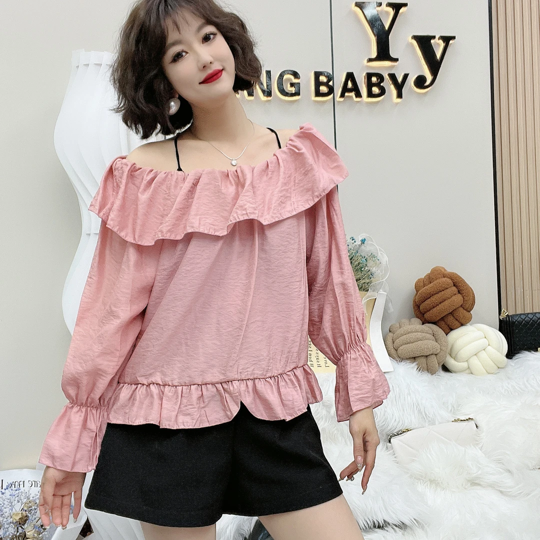 YY大码[女神降临]时尚荷叶边亚麻长袖气质一字肩上衣