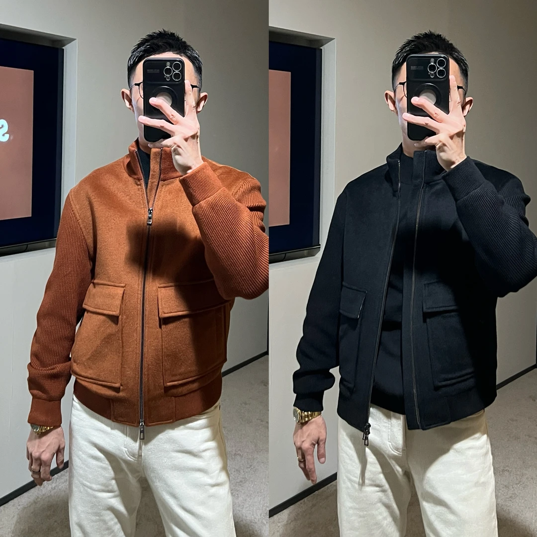 【嵿奢狠货】秋冬 L*P绵羊毛山羊绒立领飞行员短款毛呢夹克外套男士