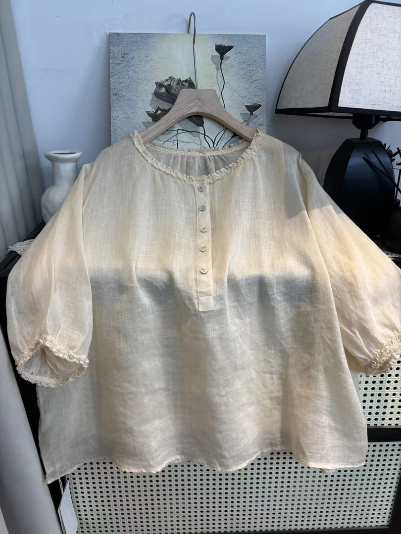 100%的苎麻森系甜美文艺花边领半开扣拼接减龄麻料套头衬衫