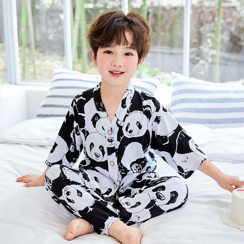 夏季儿童棉绸薄款睡衣男童女童七分袖家居绵绸女孩棉绸睡衣儿童