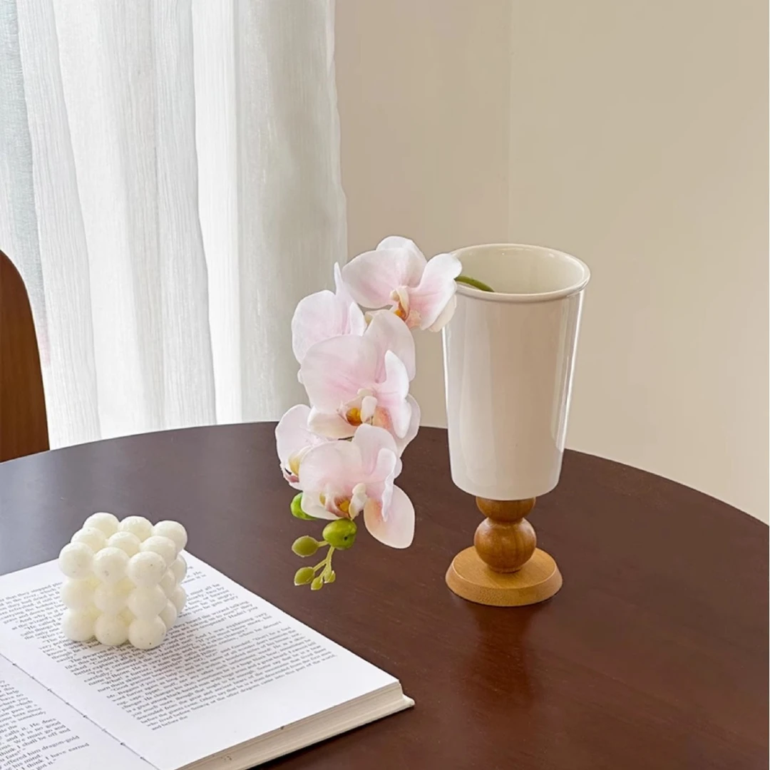 法式复古风木质高脚陶瓷花瓶高级感花瓶摆件客厅玄关花插香薰瓶