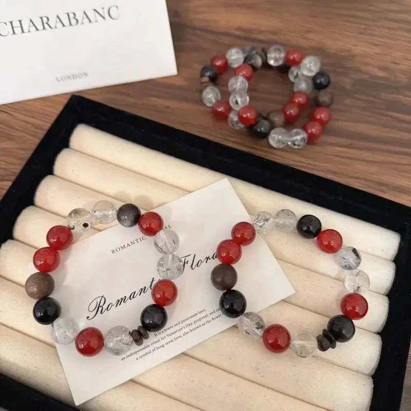 X1992闪灵钻红玛瑙银曜石手链高端轻奢手串多样性发一