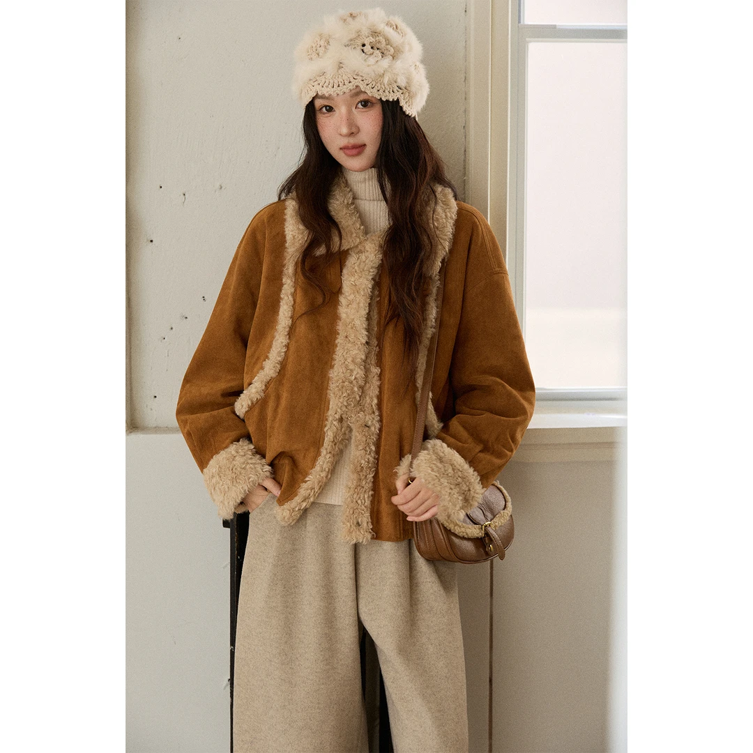 【诗语专属】谜秀拼接毛毛外套毛翻领复古短外套MXE89W0895