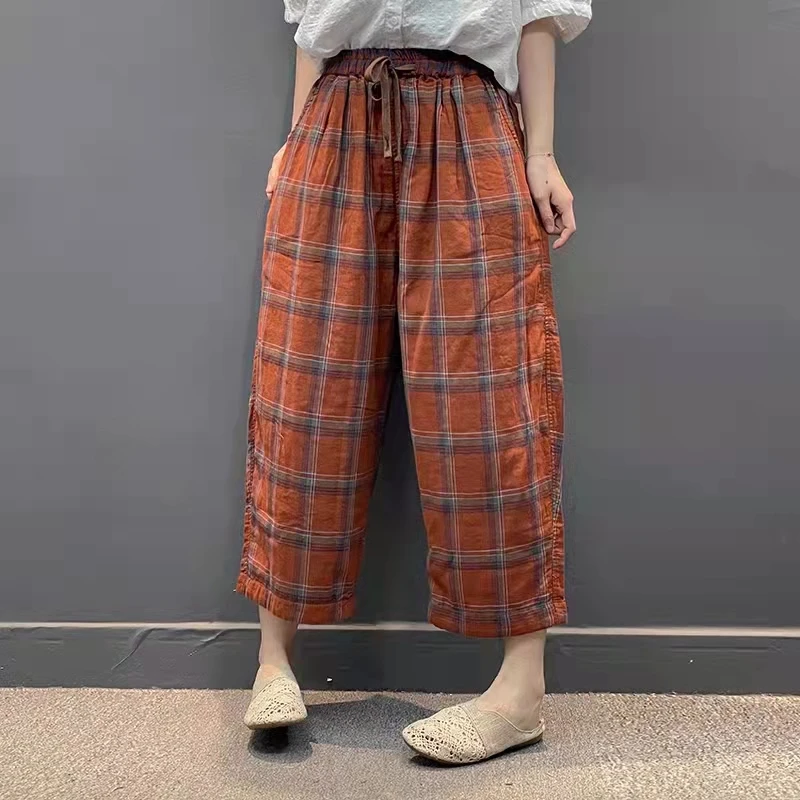 夏季新款大码休闲哈伦格子裤