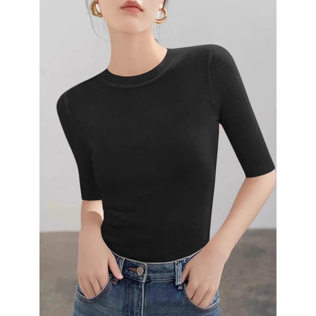 韩系深色系复古百搭中袖设计圆领修身显瘦针织衫女装内搭打底上衣