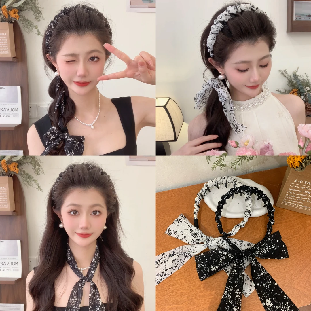 水墨画碎花编发发带女绑发丝巾飘带发箍一体系丝带头箍甜妹超仙