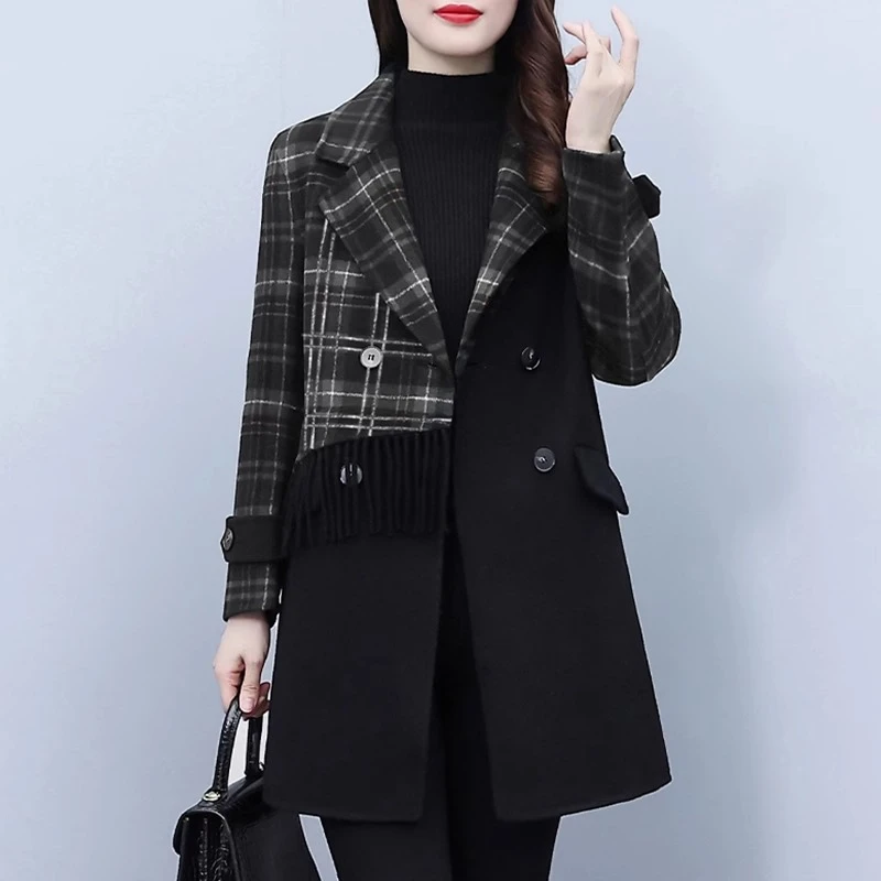 高端定制拼接款格子流苏双面呢中长款气质羊绒大衣