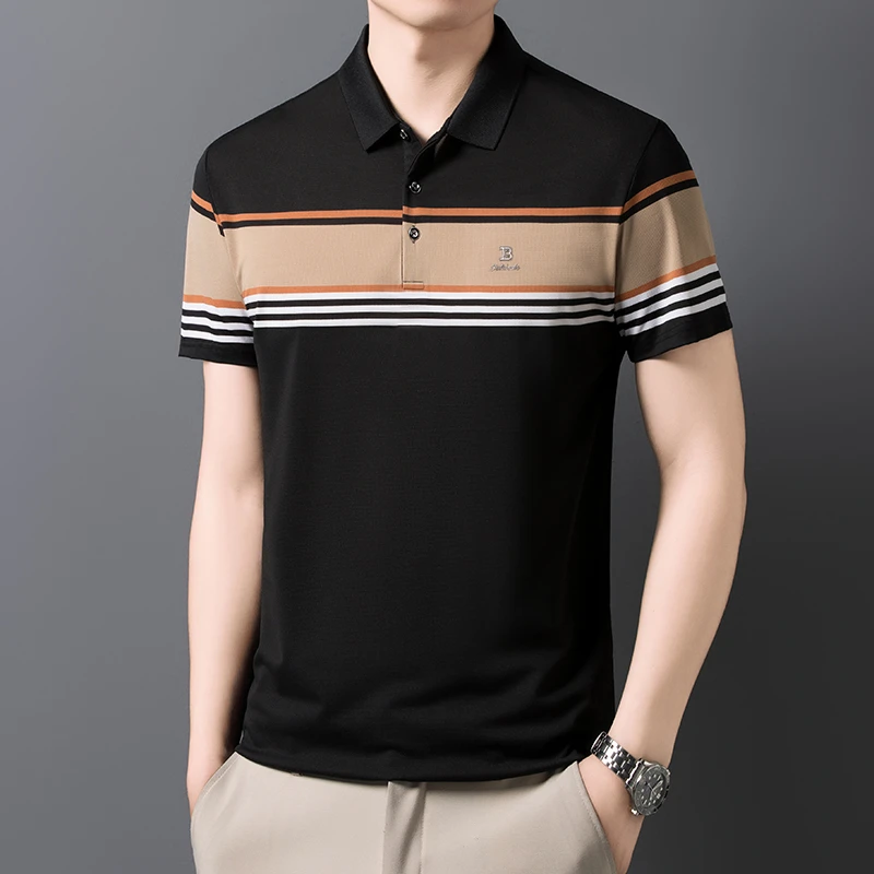 雅鹿男装短袖polo男士中年Polo衫百搭纯色休闲条纹宽松时尚夏季