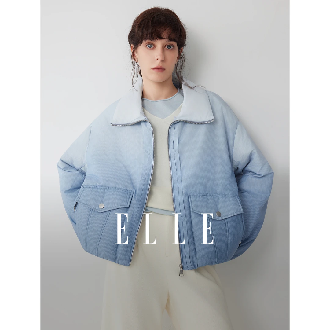 ELLE女装90白鸭绒翻领羽绒服2025冬季新款肌理感宽松外套EY52587