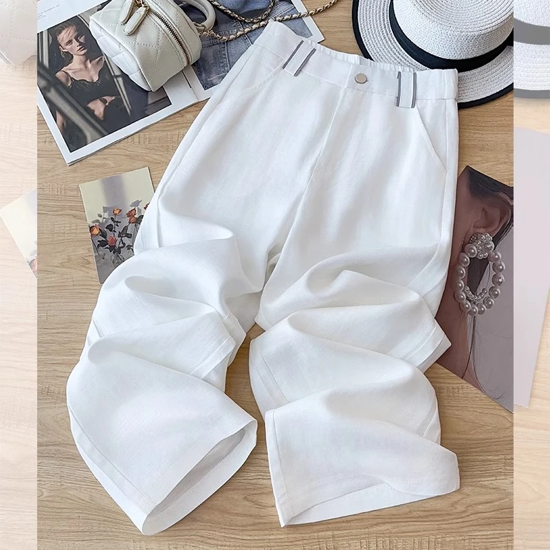 白色时尚阔腿裤女春季2025新款宽松慵懒松弛感裤子夏季亚麻休闲裤