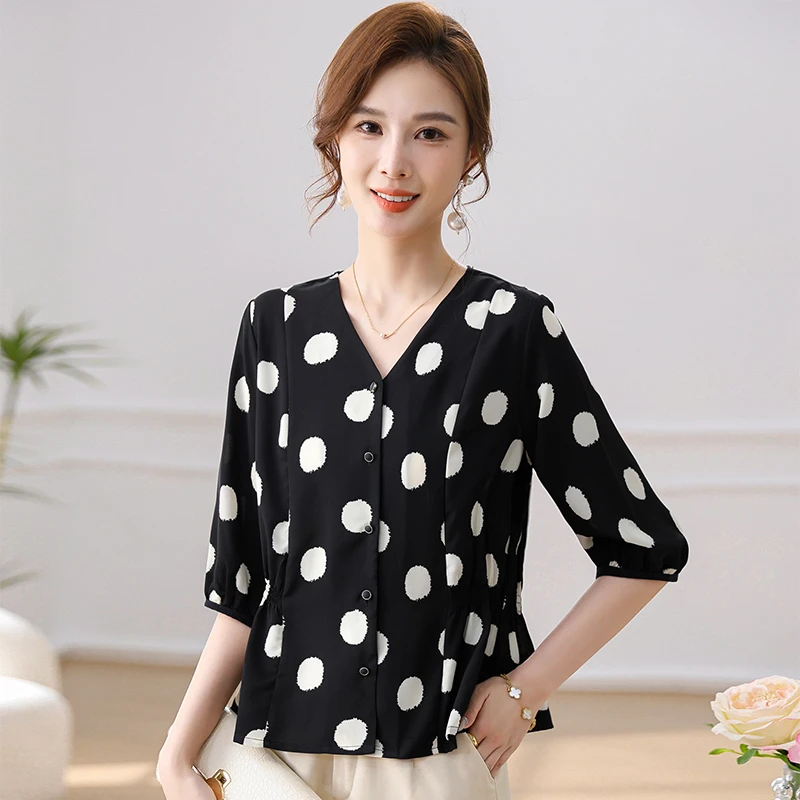 2025中袖圆点衬衫夏季女士新款显瘦气质宽松遮肉小衫薄款百搭开衫