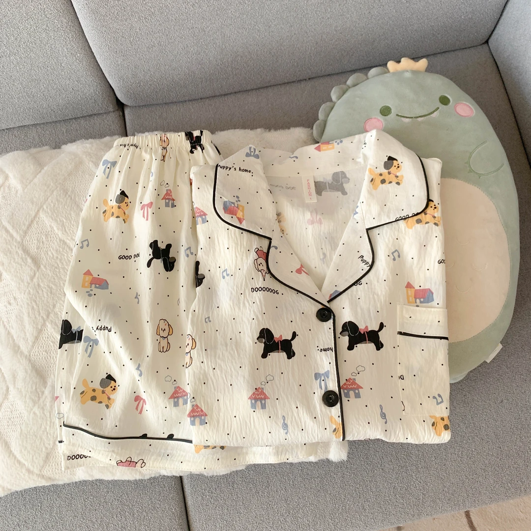 新款日常居家服睡衣不带胸垫的翻领睡衣可爱甜美夏日套装短袖短裤