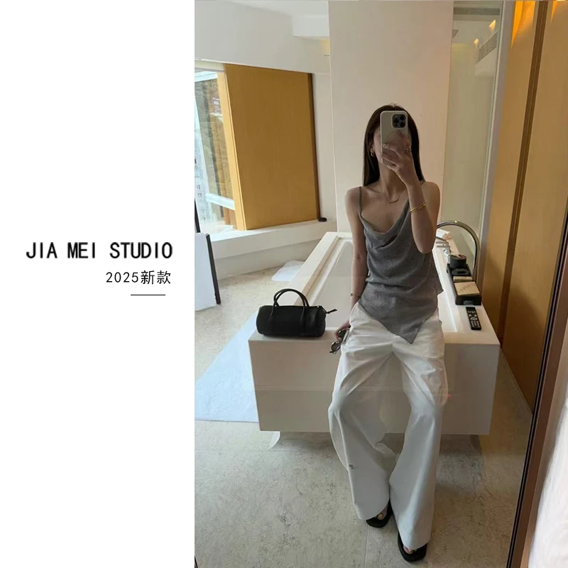 C085韩系小众设计款不规则下摆纯色吊带背心2025夏季百搭减龄上衣